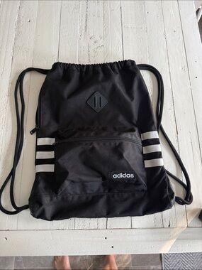 adidas Black Drawstring Gym Sack with White Stripe Accents